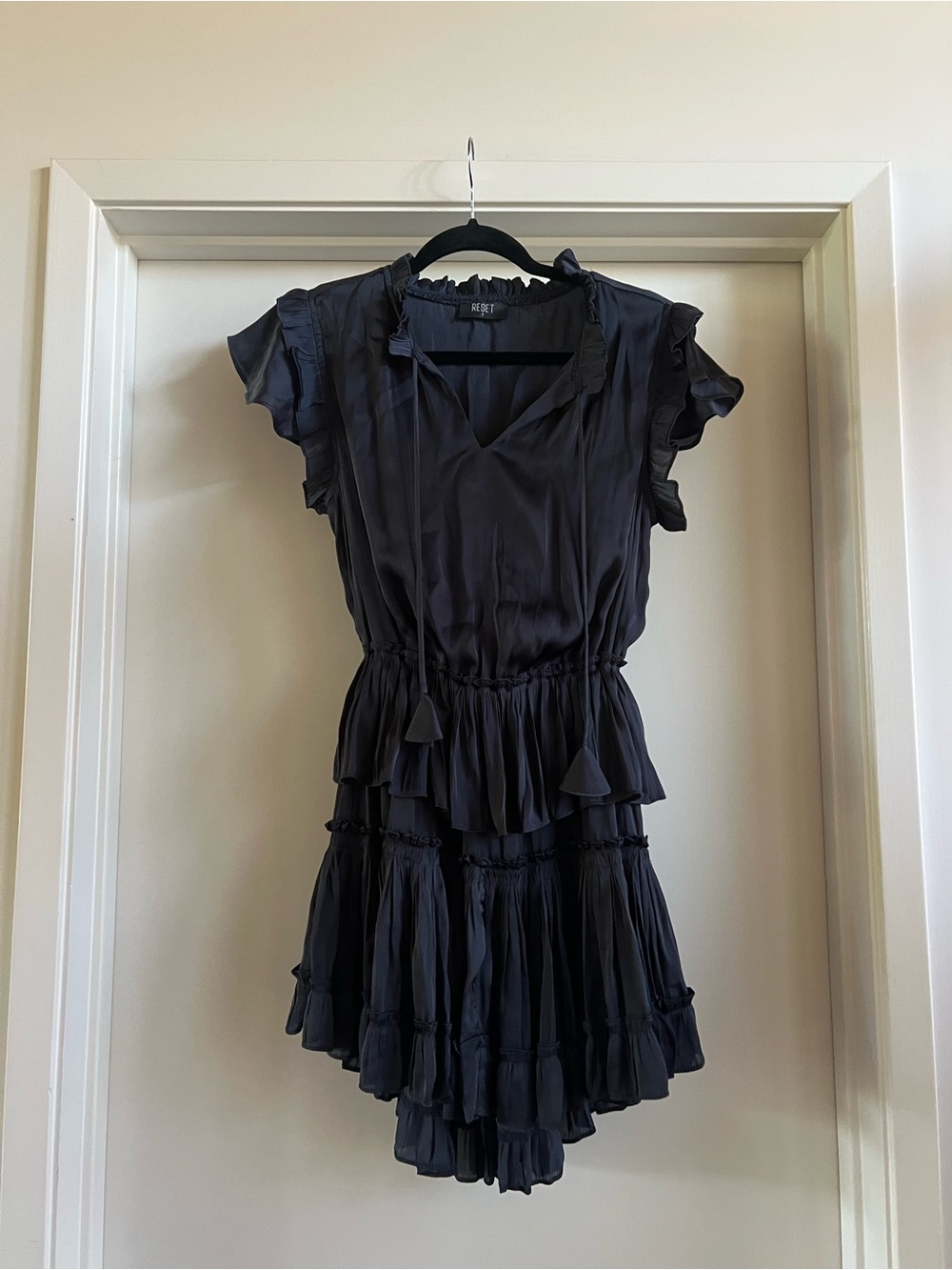 The Reset Navy Ruffle Tie-Waist Mini Dress